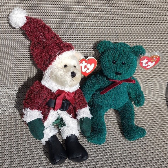 Ty Beanie Babies 2001 HOLIDAY TEDDY Green & 2000 Christmas Red Santa 8" Plush - Picture 3 of 15